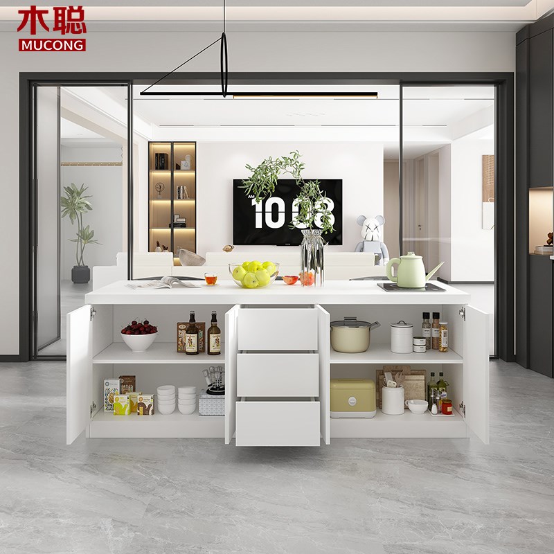 奶油风岩板餐桌岛台一体开放式吧台长方形家用料理台小户型8E