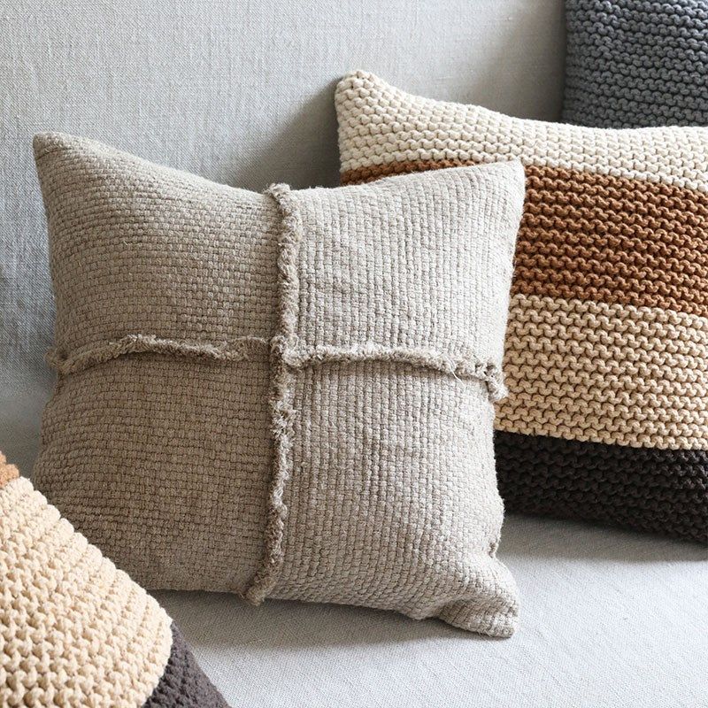 弋采中式休闲野奢侘寂风拼接毛边棉麻亚麻腰枕方抱枕靠垫靠枕套