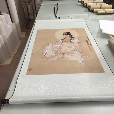 张大千观音座像国画高清微喷写意人物挂画玄关装饰画走廊过道壁画