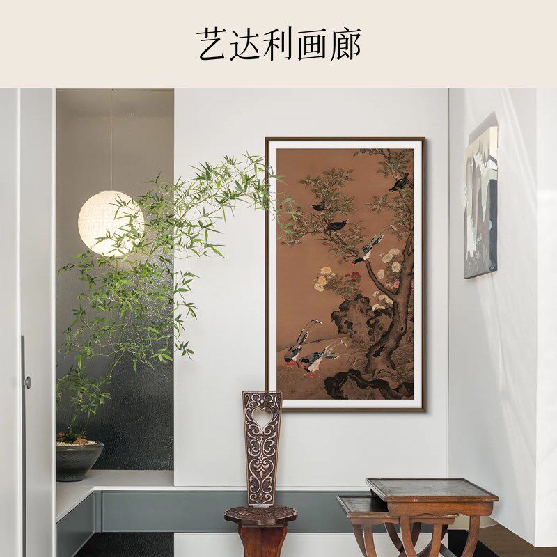 吕纪桂菊山禽图玄关客厅沙发背景墙法式中古风芭莎艺术挂画装饰画