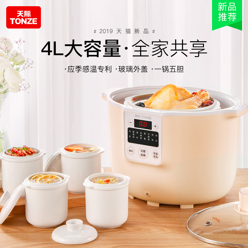 天际电炖锅陶瓷隔水炖盅全自动家用燕窝大容量煮粥煲汤一锅五胆4L