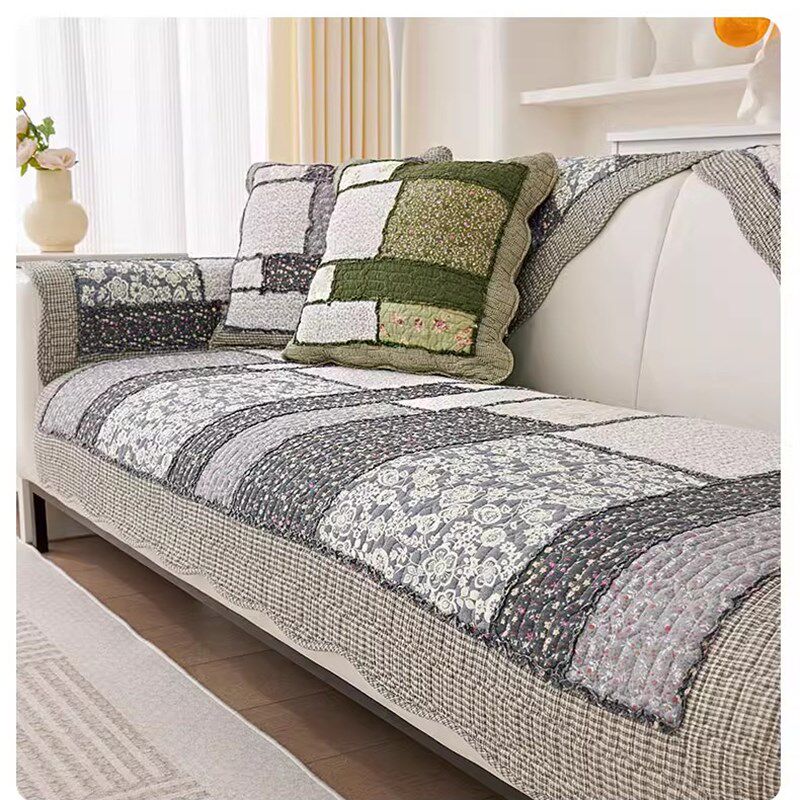 复古蓝色拼布全棉衍缝沙发垫布艺坐垫四季通用防滑皮沙发巾地中海