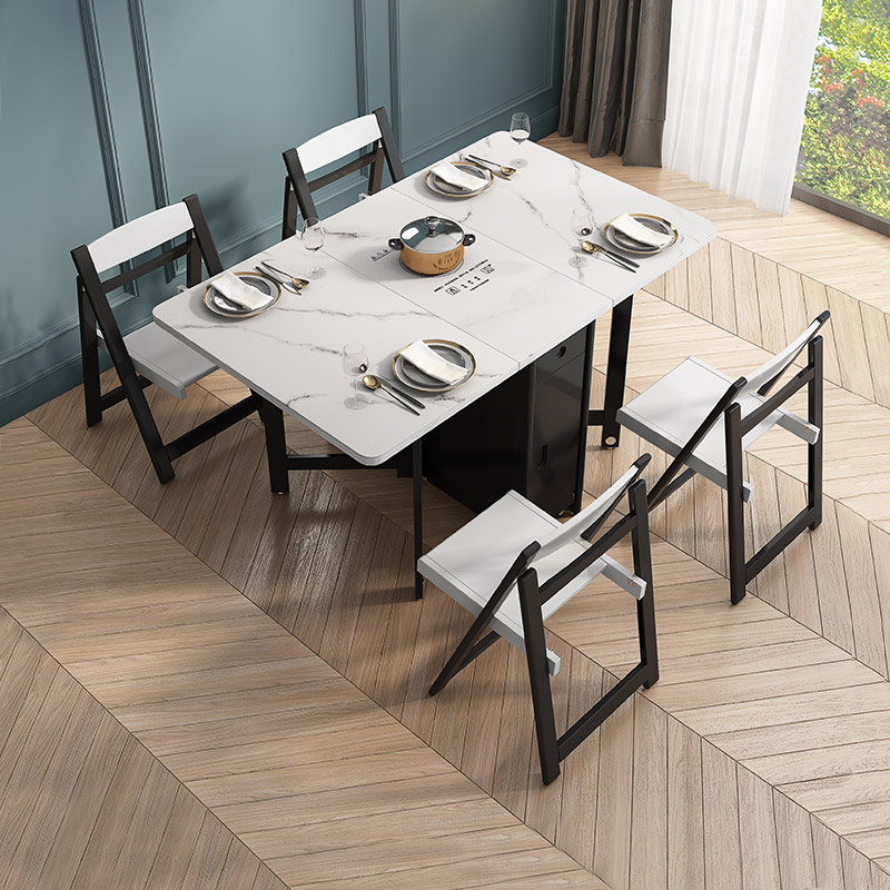 小户型折叠餐桌带电磁炉长方形可折叠桌椅钢化玻璃面升级支撑腿