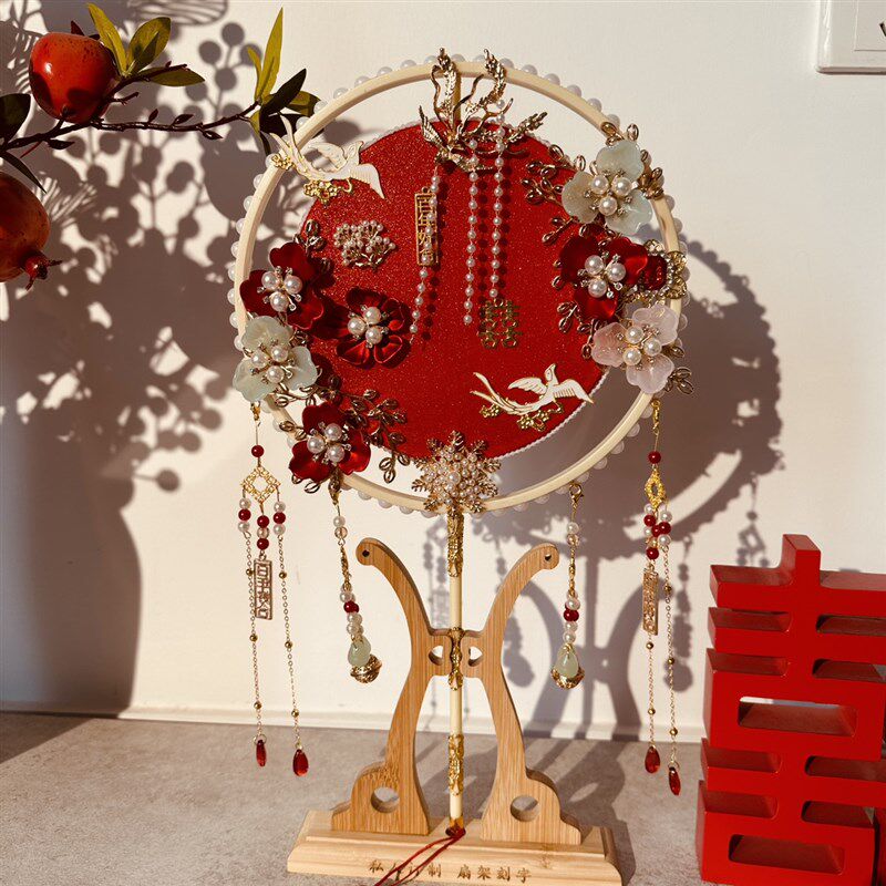 团扇新娘结婚diy材料包手工喜扇秀禾服中式婚礼感遮面扇子红色