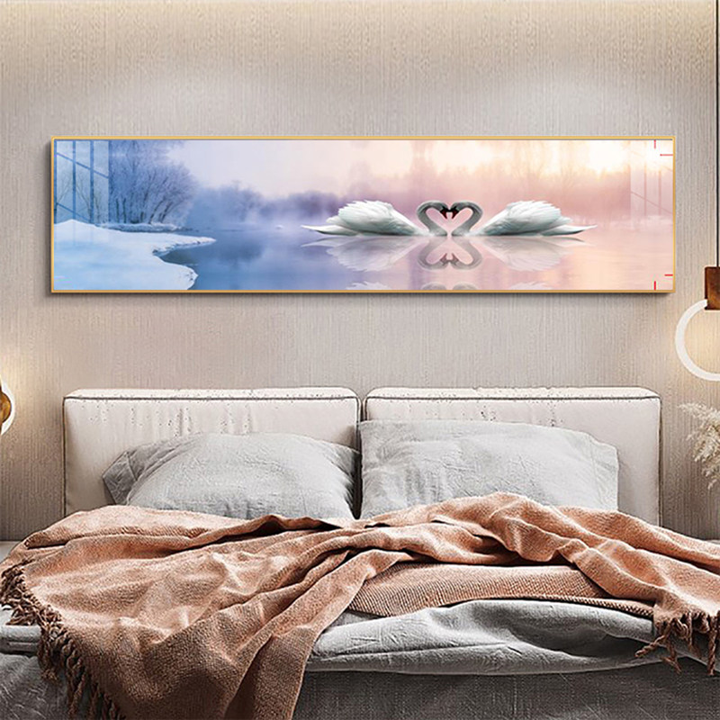 紫粉色床头画天鹅花卉房间主卧室玫瑰装饰画挂画背景墙壁水晶瓷画