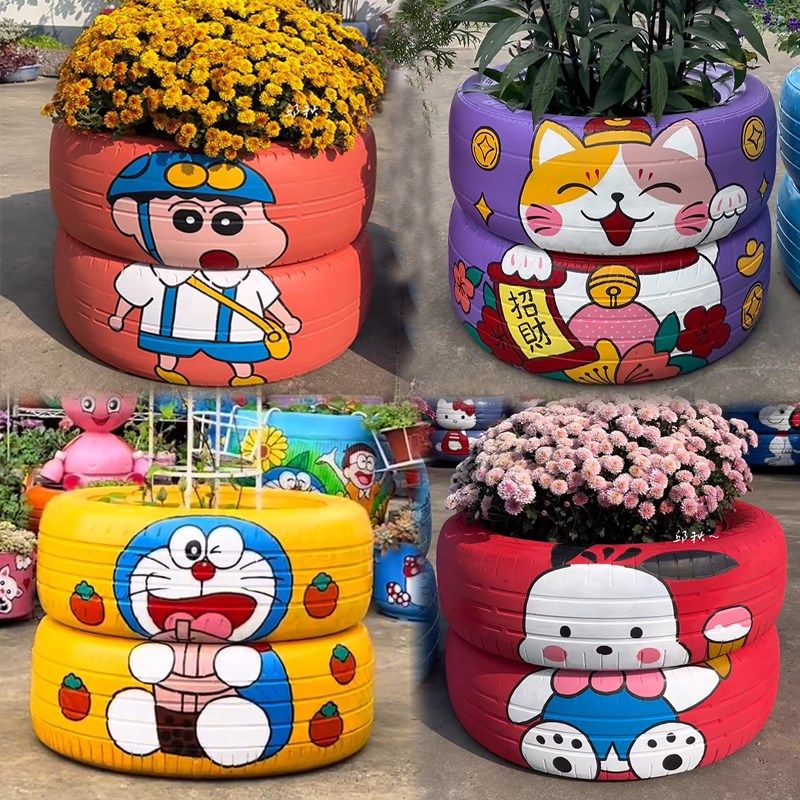 轮胎改造花盆旧轮胎手绘创意花盆个性创意DIY彩绘工艺品轮胎彩绘