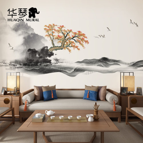 写意山水壁画水墨高山松柏树泼墨枫树客厅卧室背景墙壁纸墙纸定制