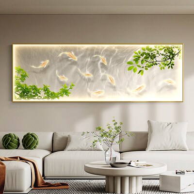 装饰画带灯绿植床头奶油客厅风九鱼壁画背景墙卧室挂画法式沙发图