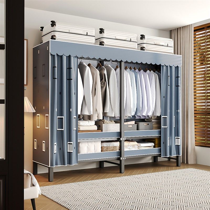 布衣柜家用卧室简易衣柜一体式免安装出租房用金属框架简易组装