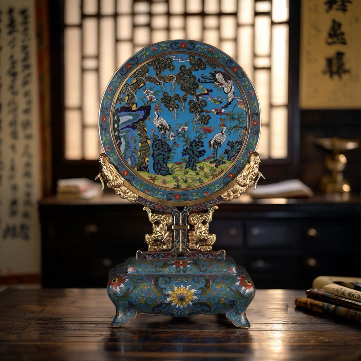 掐丝珐琅手工錾刻复古艺术品桌面装饰摆件 景泰蓝插屏屏风工艺品