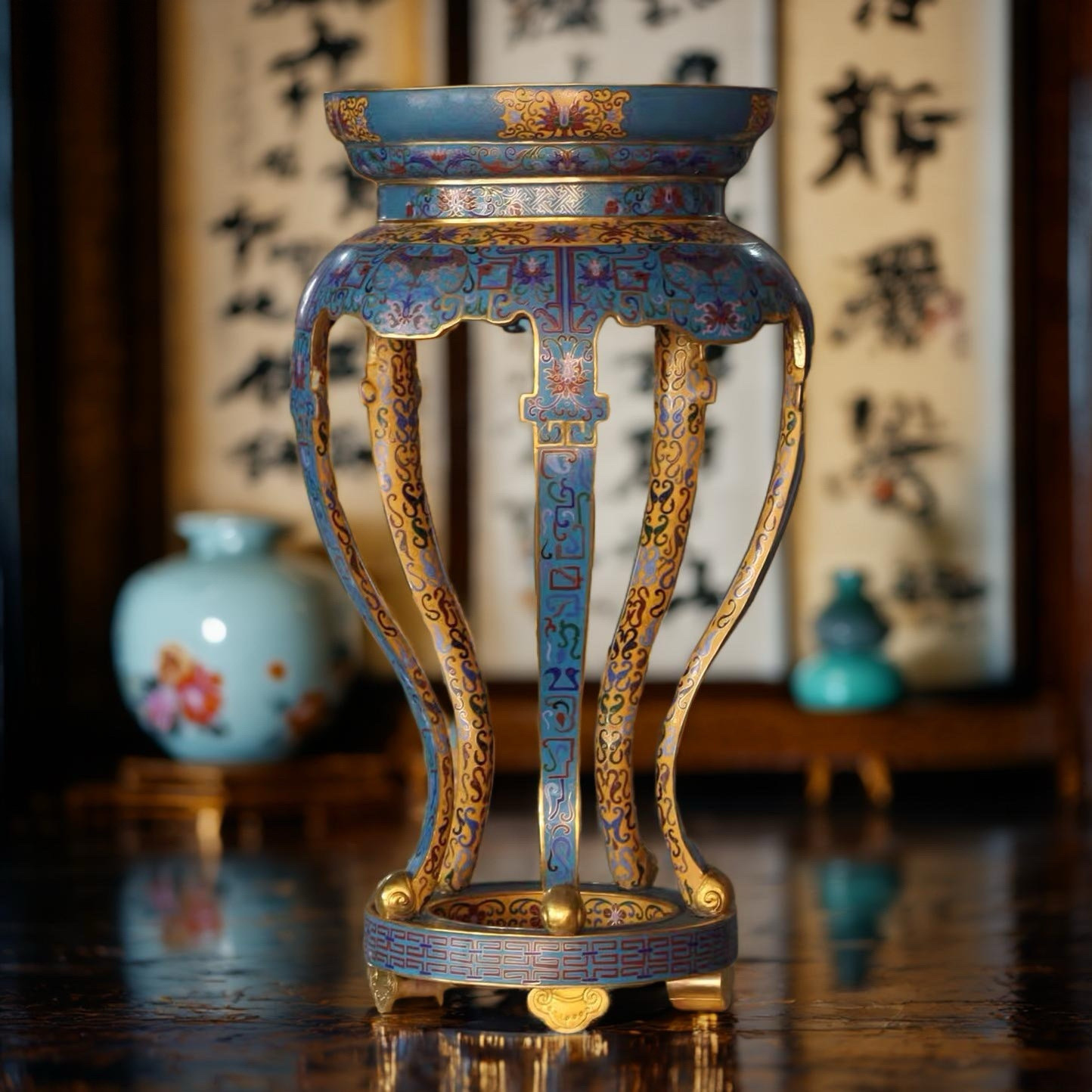 珐琅景泰蓝落地仿古花几圆几花盆奇石绿萝盆景博古花架子装饰