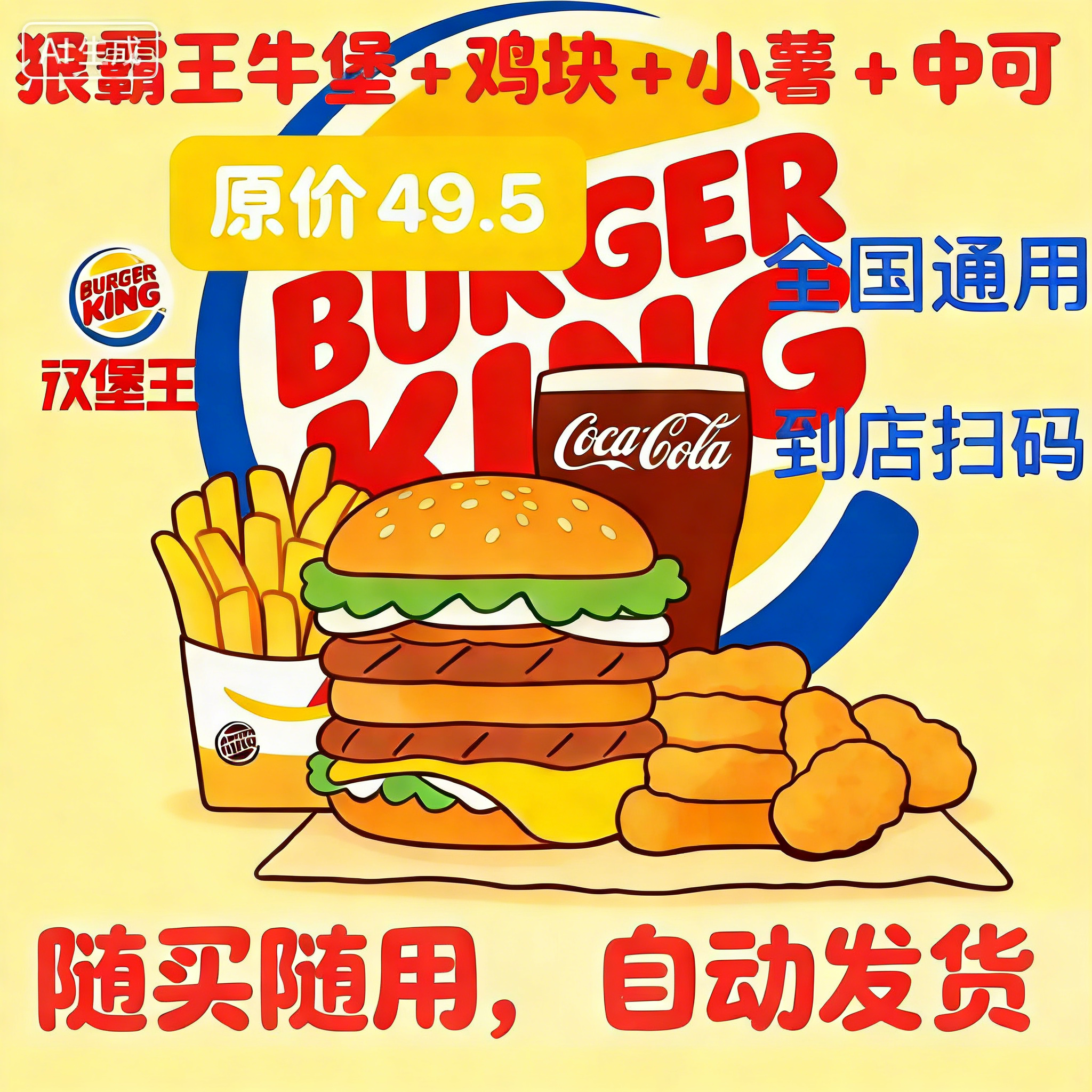 汉堡王皇堡狠霸王牛堡鸡块大嘴薯条兑换券优惠券电子券全国代下单
