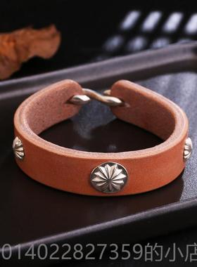正品宽版手工皮枥木鞍革925银花钉桥覆古高吾郎风格皮菊手环手真