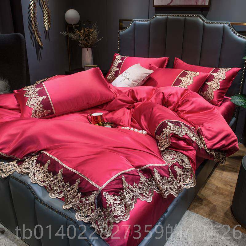 正品北风双面红冰丝四件套床单单被套床上用品凉感裸睡网被欧床笠