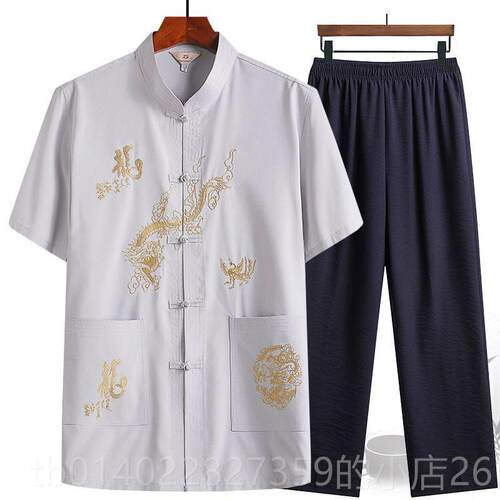 正品中老年人夏季套装唐装爷男覆古短衬衫爸爸太极晨服爷休袖闲练