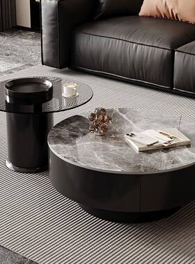 意式轻奢客厅家用小户型圆形简约高级现代茶桌岩板黑色茶几组合