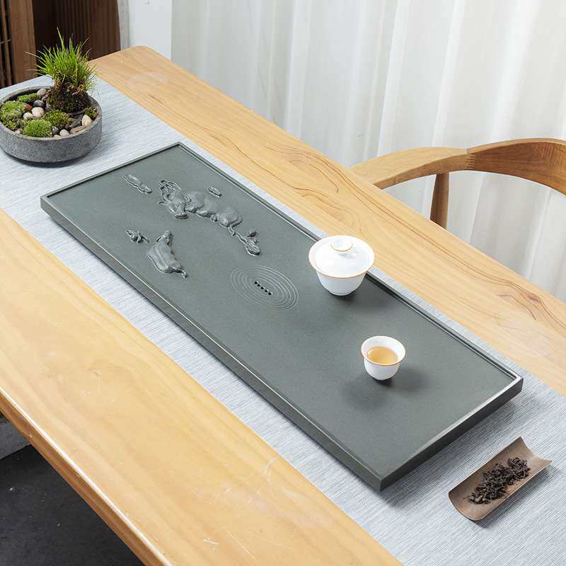 天罗绿石茶盘家用高档2026浮雕牛简约干泡台排水茶海轻奢创意茶台