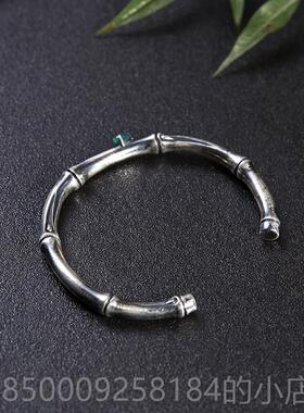 正品银镯女复古中国风做旧手银实心知足常乐平竹999纯情侣手镯礼