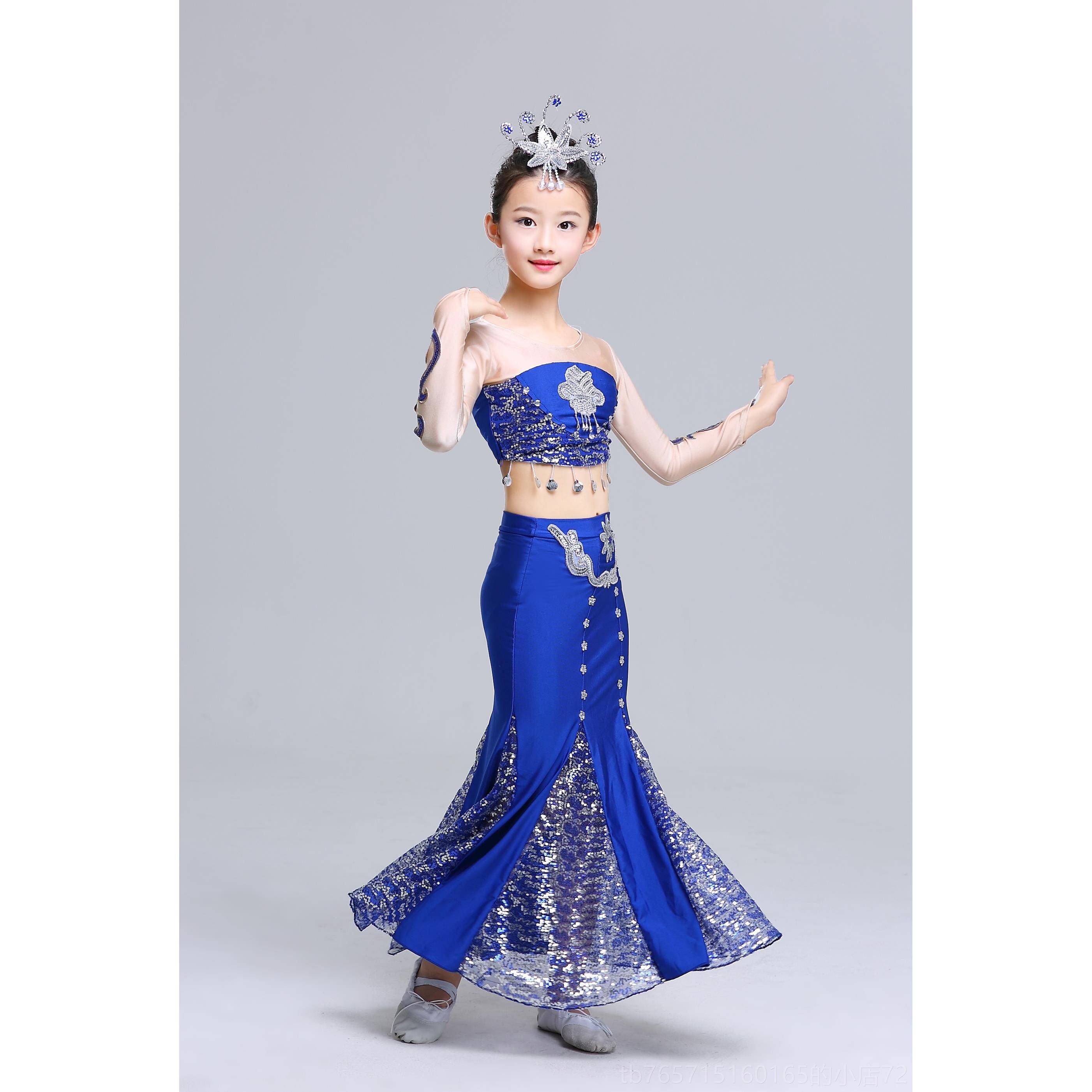 高档原创儿傣族舞蹈童服孔雀舞滇南映少女族童傣鱼尾裙民族出服长