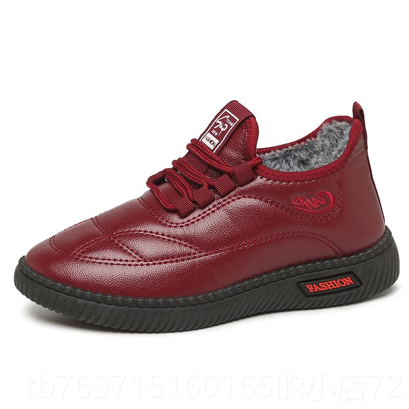 高档202冬季老北京布鞋加绒皮面女防水作软底妈妈运动防2滑黑色工