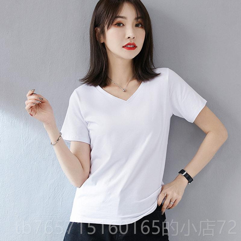 高档V工作女T恤印字纯棉修身制短袖定log领o文化衫美服容院白色服图片