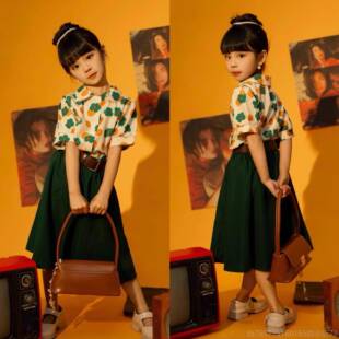 高档覆古港风童演出服女童花衫衬喇叭裤套装怀旧儿走秀护花使者服