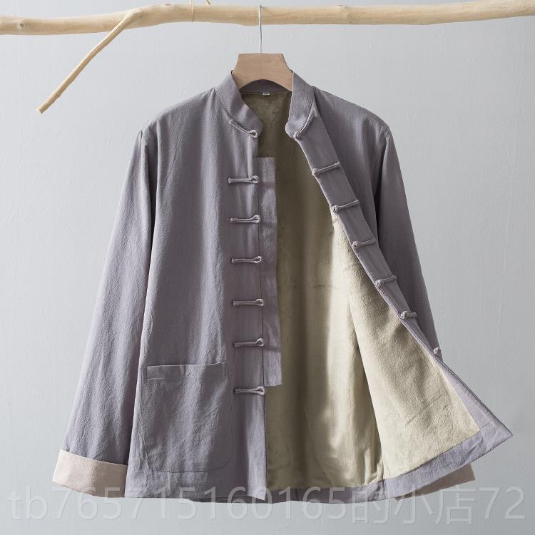 高档冬季唐装男纯棉绒加中长袖外套国风中式服装中老年薄秋款棉衣