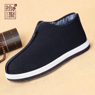 高档拾聚老绒北季京布鞋男棉鞋色千层黑底手工布鞋高帮鞋加保暖冬