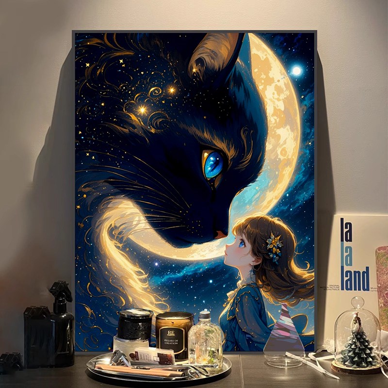 猫咪女孩数字油画diy2024新款治愈系解闷手工画画填色丙烯油彩画
