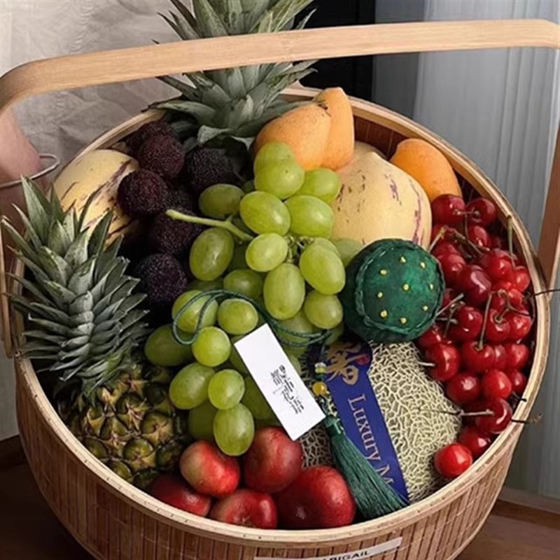 层油画蝴蝶蓝竹编圆形鲜花花篮水果花篮月饼盒竹篮子礼品盒果篮