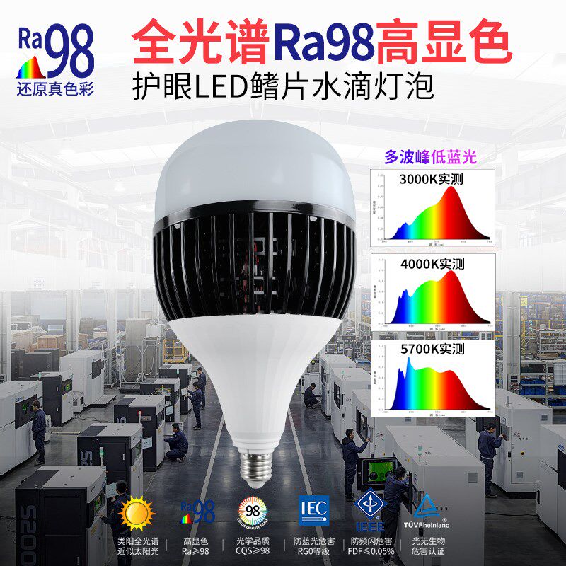 全光谱鳍片护眼灯泡ra98高显led大功率球泡工厂仓库摄影110V220V
