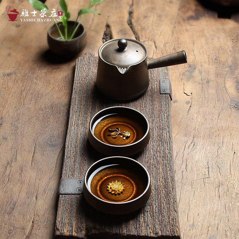 快客杯便携旅行茶具一壶两杯粗陶侧把壶天目银杯普洱陶瓷功夫茶具