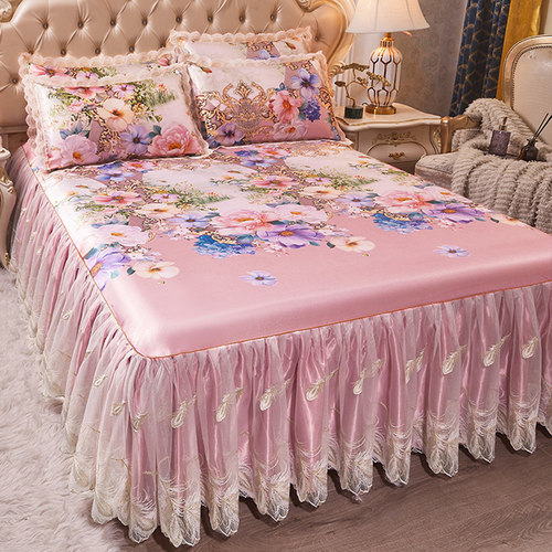 夏季床裙款冰丝凉席可机洗折叠夏天蕾丝花边床罩空调软席子三件套