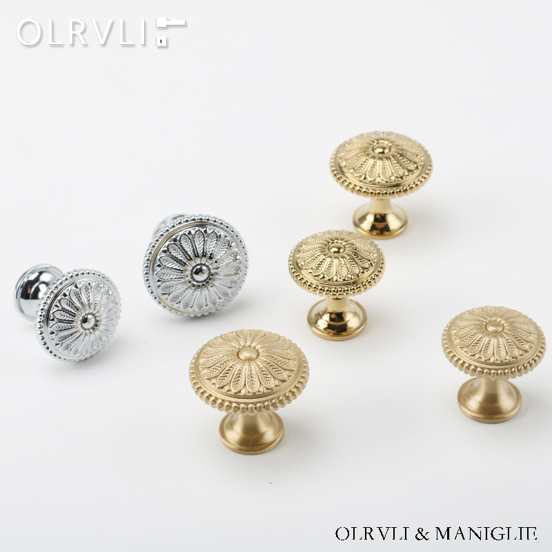 olrvli欧式复古黄铜拉手银色抽屉做旧柜门把手中式金色橱柜圆拉手