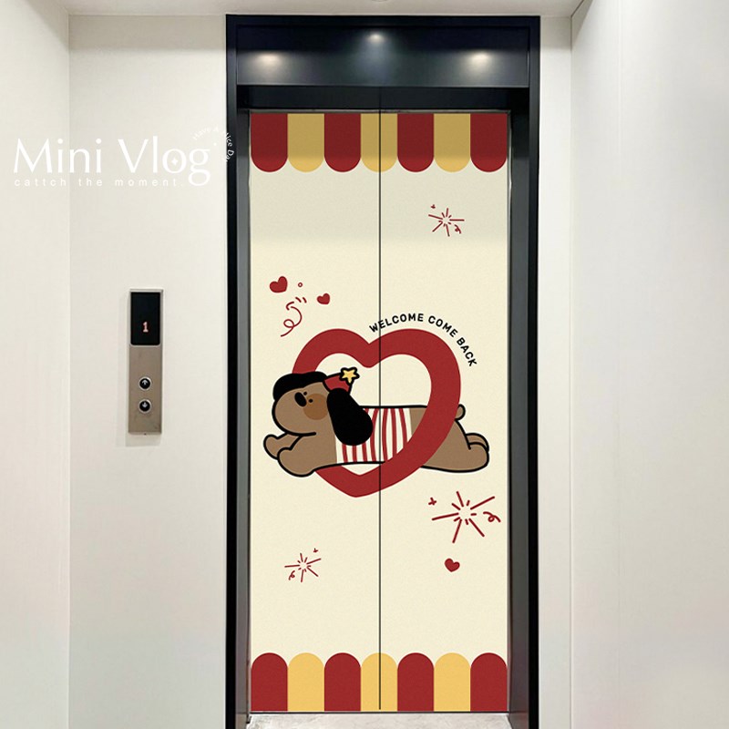 腊肠小狗入户电梯门贴纸定制新年氛围墙贴自粘防水防潮推拉门贴
