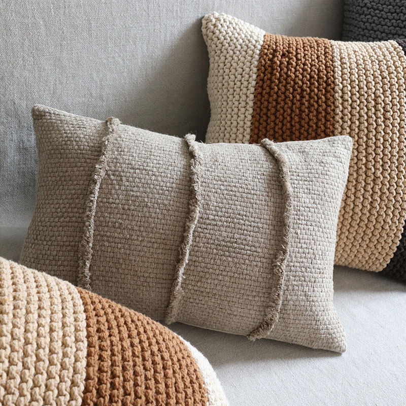 弋采野奢休闲侘寂风民宿手工毛边棉麻亚麻木沙发腰枕方抱枕靠垫套