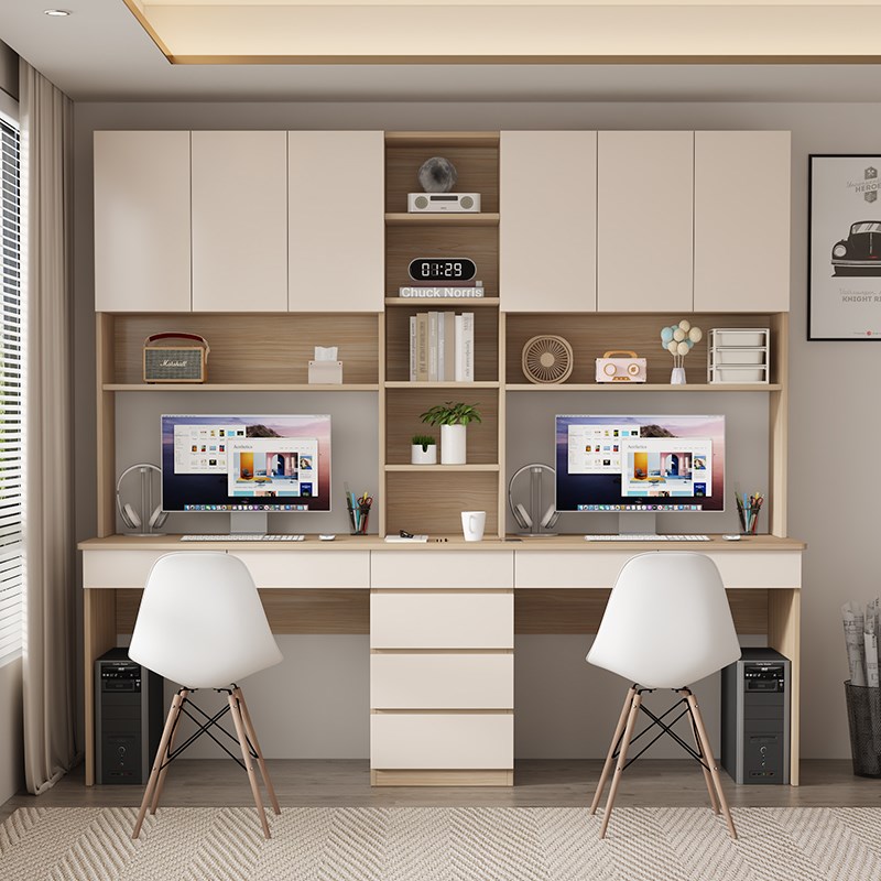 定制人书桌书架一体家用书柜电脑桌实木写字台学习桌子现代简约