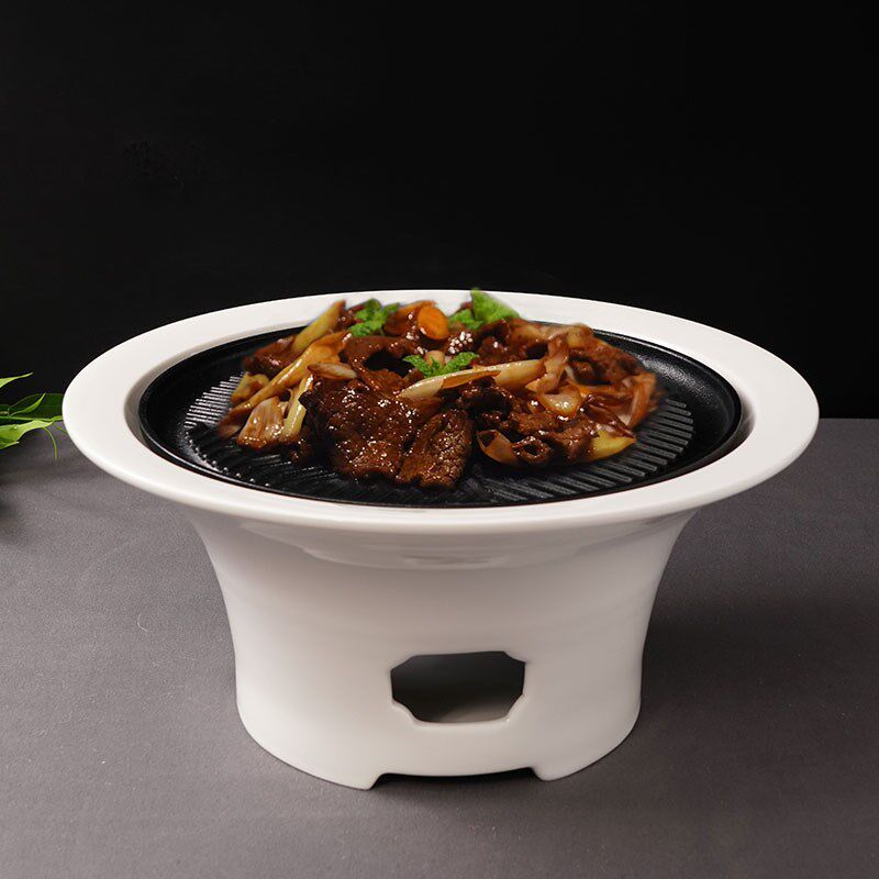 酒店创意白色铁板烧菜盘子陶瓷炙子钢网烤肉盘中式加热炉保温餐具
