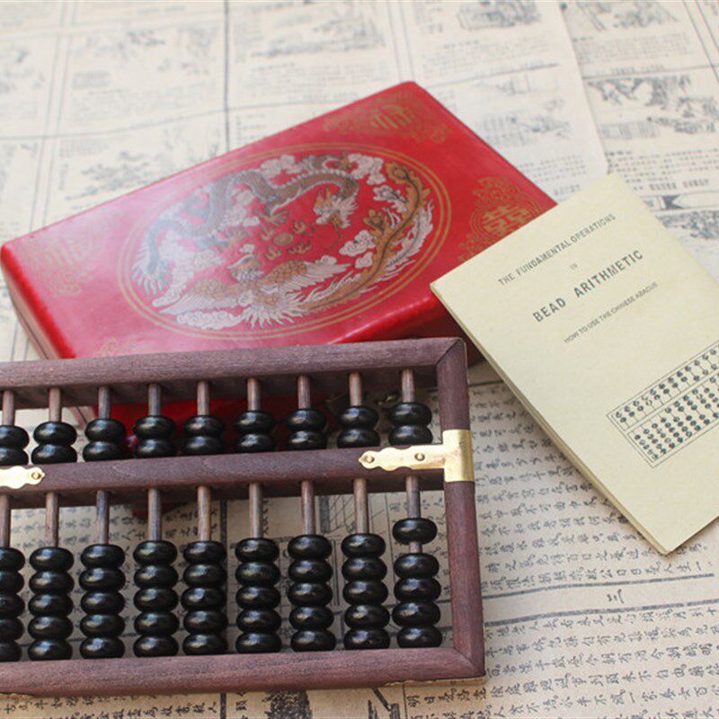 仿古大9档榉木黑珠算盘配龙凤图案木盒复古礼品怀旧算盘经典礼品
