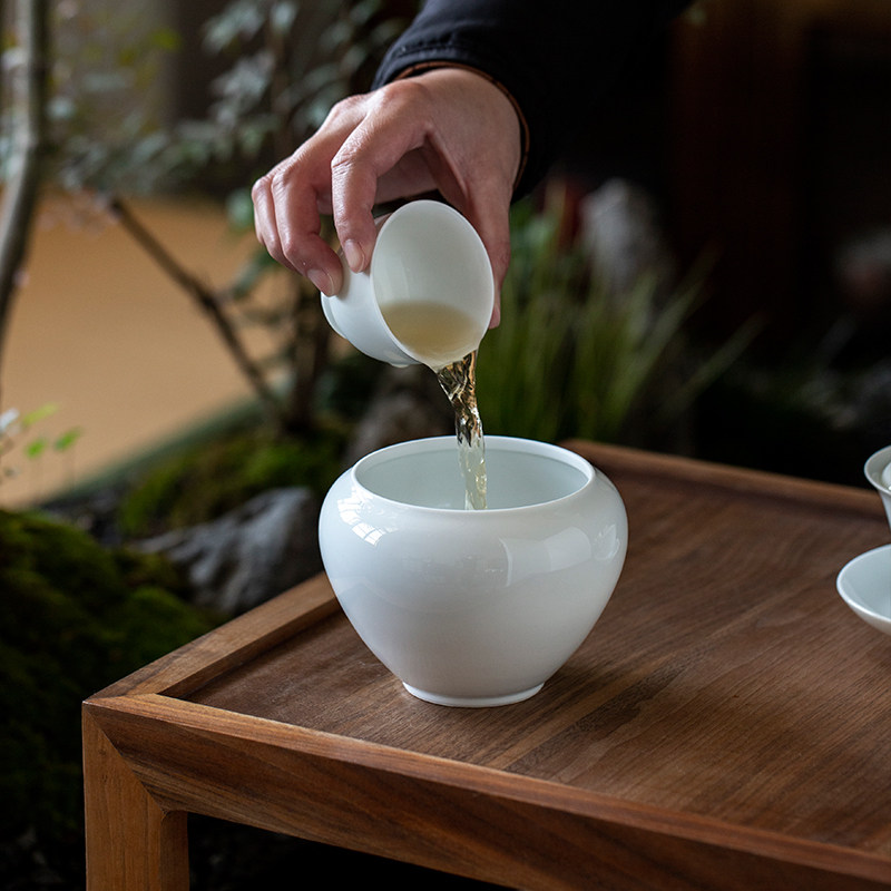 中式甜白釉小号建水家用复古茶渣缸陶瓷茶洗废水茶缸水盂茶具配件
