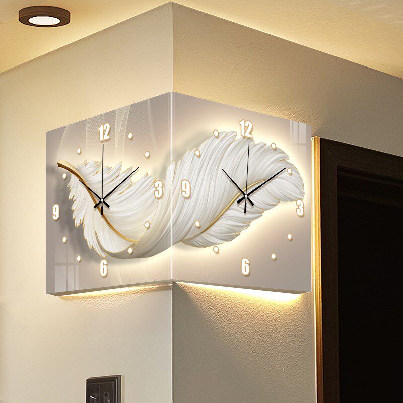 2024新款客厅拐角双面挂钟家用转角壁灯时钟简约餐厅静音钟表挂表