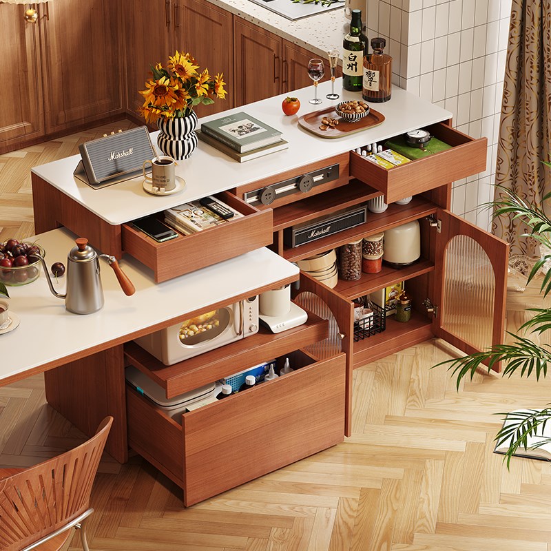 木宫匠粉丝岛台餐桌伸缩一体中古风小户型家用多功能实木旋转吧台