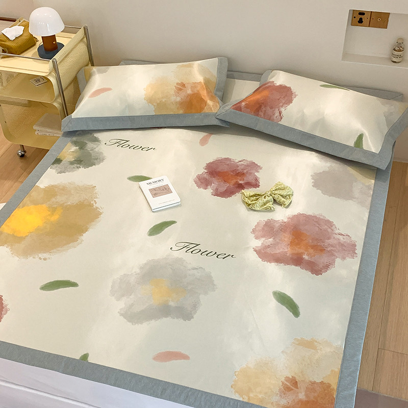 少女心夏季冰丝凉席三件套可水洗花卉印花1.5米床席款空调软席1.8