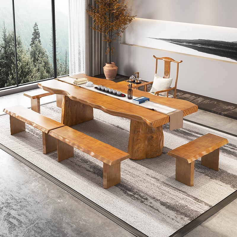原木色实木大板茶桌整板2.4米功夫茶台泡茶桌现代简约茶桌椅组合