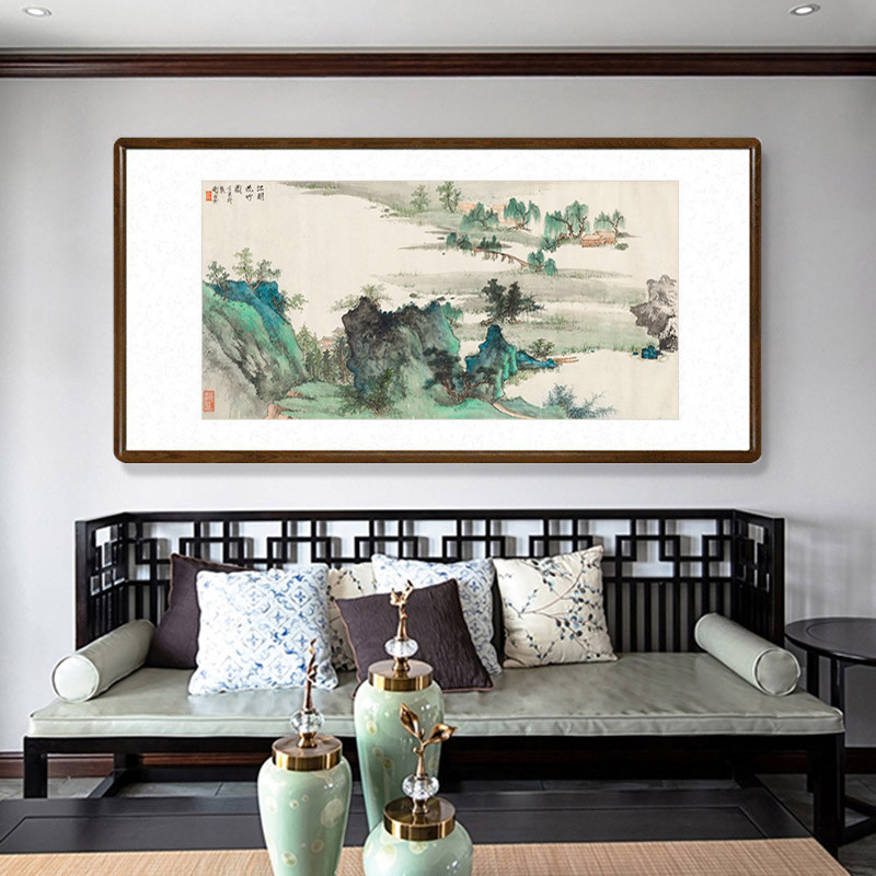 谢稚柳江明花竹图国画山水画客厅背景墙装饰画办公室横幅牌匾壁画