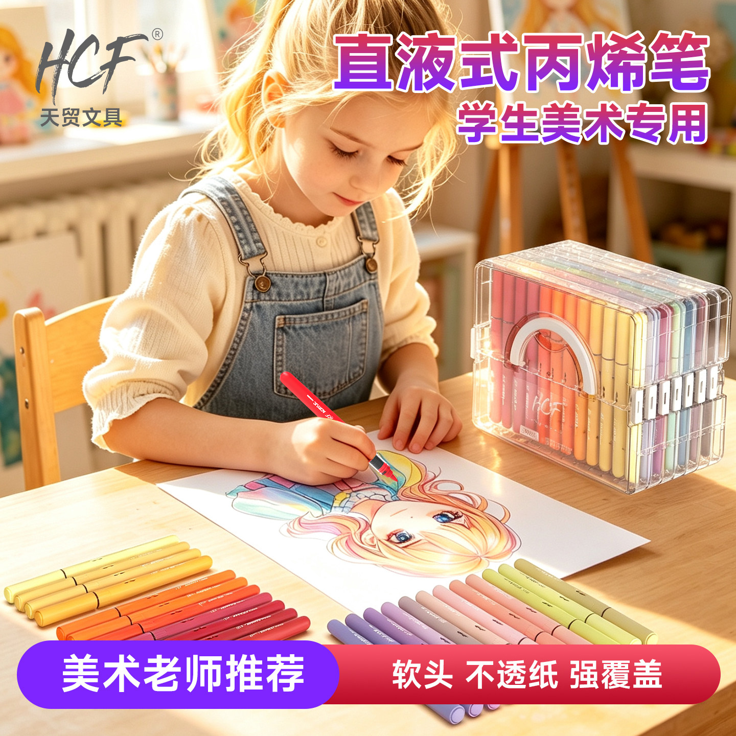 HCF软头直液式丙烯马克笔小学生美术专用不透色可叠色彩色笔儿童幼儿园开学文具礼盒礼物画笔儿童无毒水彩笔