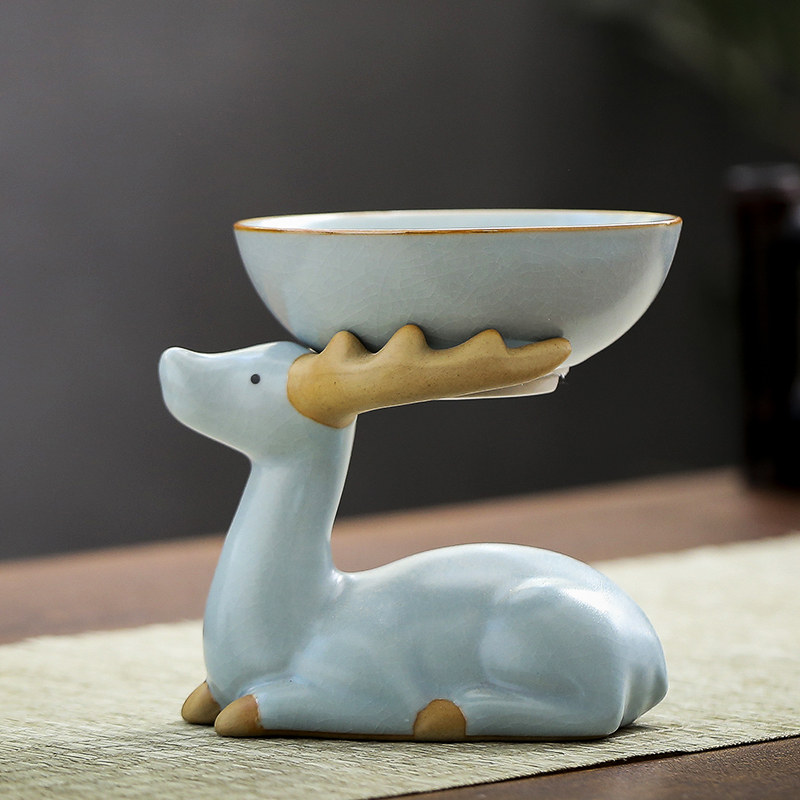 汝窑开片茶宠牛摆件陶瓷可养天青汝瓷茶盘小摆设个性茶具滤茶器配