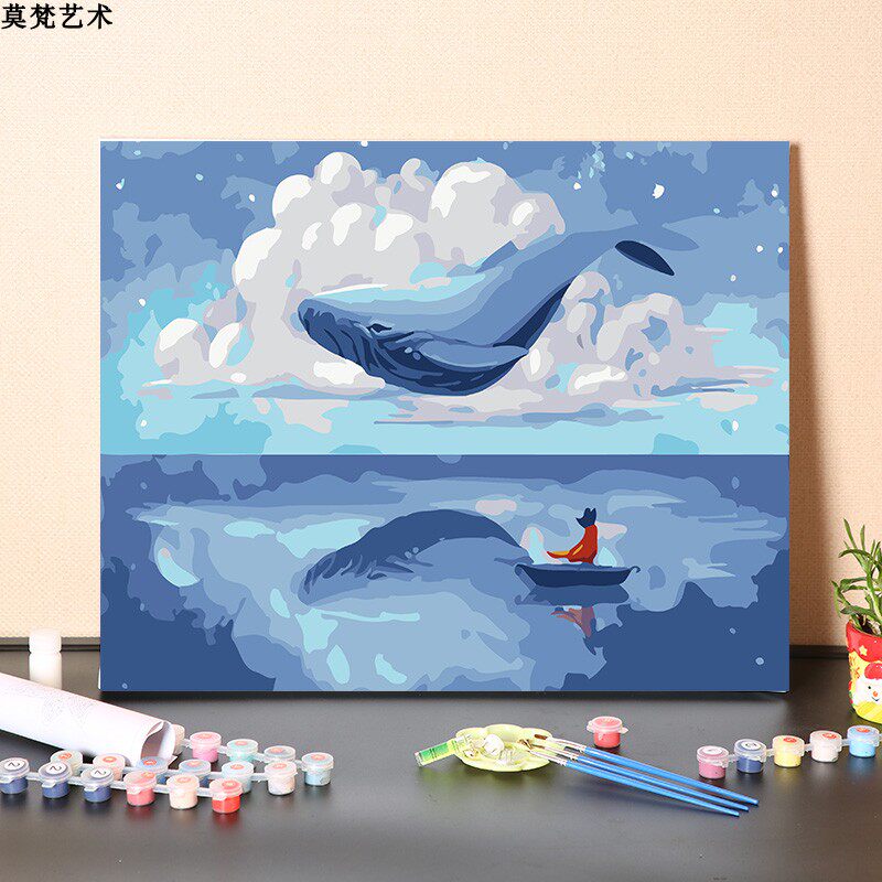 数字油画diy手工填充治愈系填色鲸鱼和女孩减压手绘涂色油彩画画