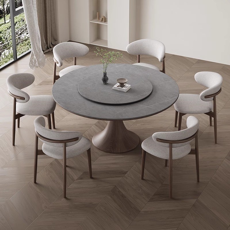 意式极简实木圆形岩板茶桌家用带转盘茶桌椅组合设计师胡桃色饭桌