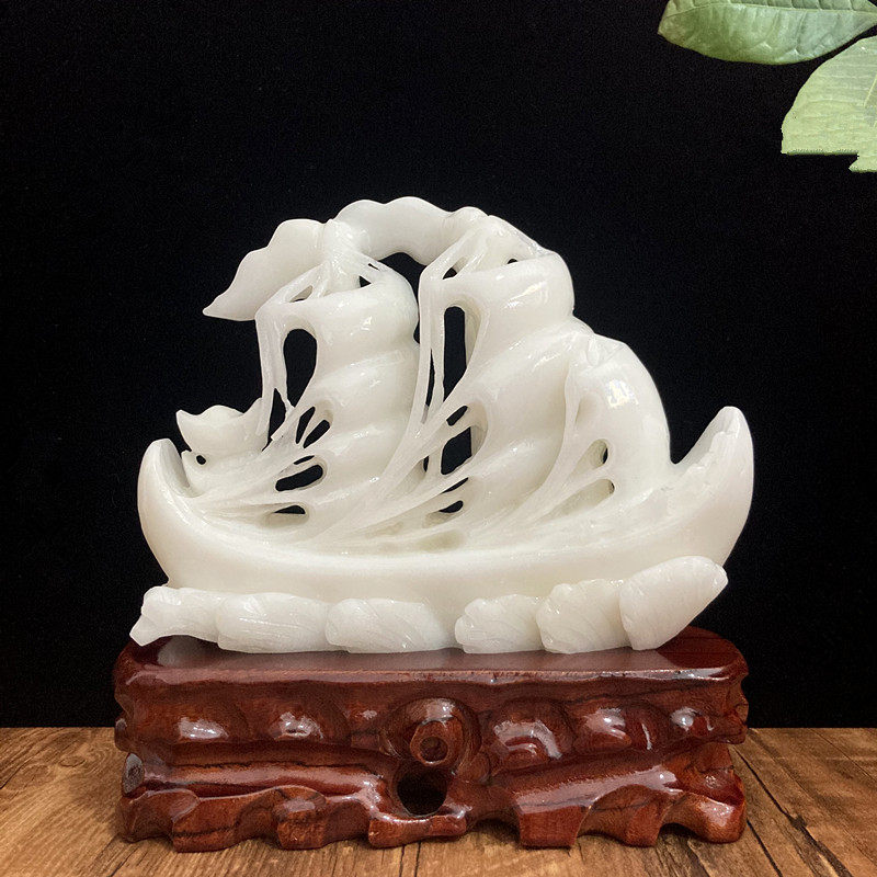 天然玉石一帆风顺帆船摆件客厅玄关酒柜家居办公桌面装饰开业礼品